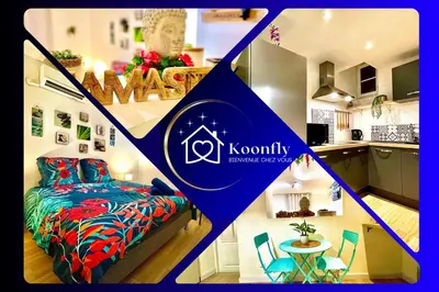 a collage of four pictures of a bedroom and a kitchen at *Le Namasté*Fibre Wifi*Hyper Centre* in Salon-de-Provence