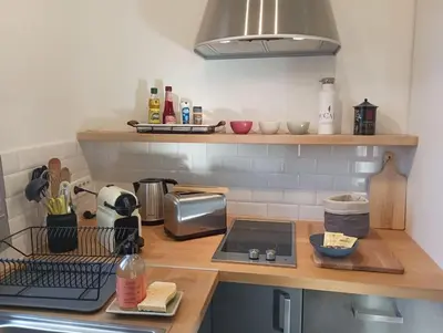 a kitchen with a counter top with a stove top oven at Vue imprenable sur la Sorgue in LʼIsle-sur-la-Sorgue
