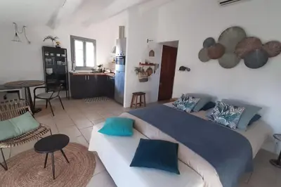 a bedroom with a large bed and a kitchen at Vue imprenable sur la Sorgue in LʼIsle-sur-la-Sorgue