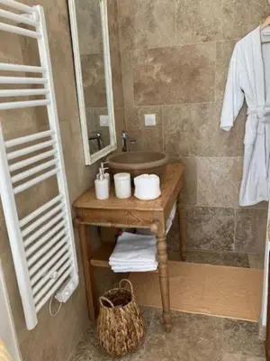 a bathroom with a sink and a mirror at Chambre d'hôtes de la cime in Cabrières-dʼAigues