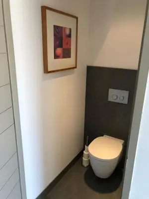 a bathroom with a toilet and a picture on the wall at Maison contemporaine dans le village d'Eygalières in Eygalières