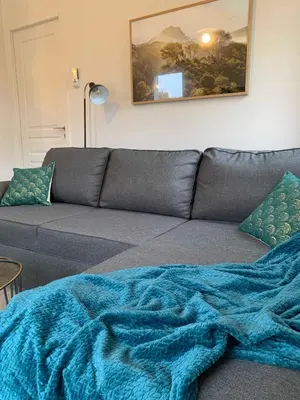 a living room with a gray couch with a blue blanket at Le Cabanon de Livia avec piscine privée in Cucuron