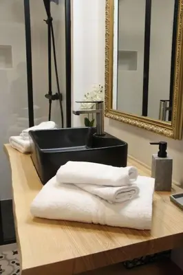 a bathroom with a sink and towels on a counter at Chez Franck et Gisele in LʼIsle-sur-la-Sorgue