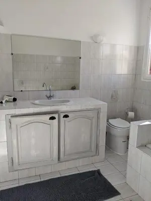 a white bathroom with a sink and a toilet at Mas dans les lavandes in Ménerbes