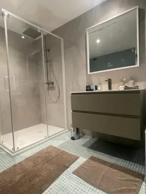 a bathroom with a shower and a sink and a mirror at La Beaume in Blauvac