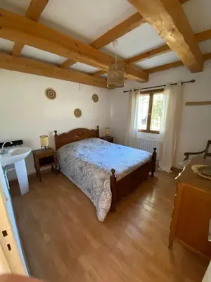 a bedroom with a bed and a sink at Gîte Lou Pastre in Aureille