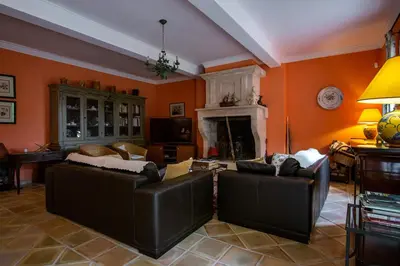 a living room with two couches and a fireplace at Le Mas de Jalique - Isle-sur-la-Sorgue in LʼIsle-sur-la-Sorgue