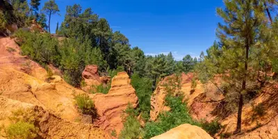 a view of a canyon with trees and rocks at Mas du Clos , Tilleul in Roussillon