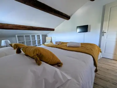 two beds in a room with a tv on the wall at Gite Grand Luberon chez Manon en Luberon - Vacation rental in guest house in Lagnes