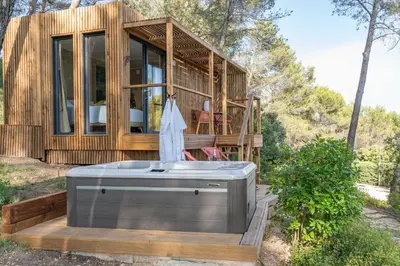 a house with a hot tub on a deck at Le Chant des Pins Lodge & Spa Massif de l'Etoile in Saint-Marc-Jaumegarde