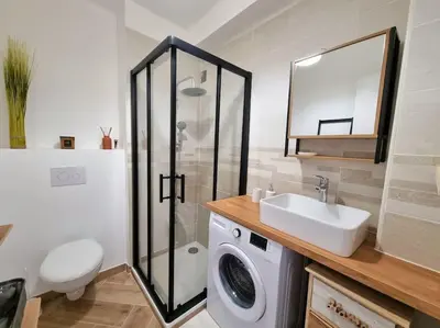 a bathroom with a washing machine and a sink at Les studios d'Aurélia - Grand Théâtre de Provence in Aix-en-Provence