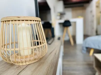 a bird cage sitting on top of a wooden table at *Le Sahara*Hyper Centre*Wifi* in Salon-de-Provence
