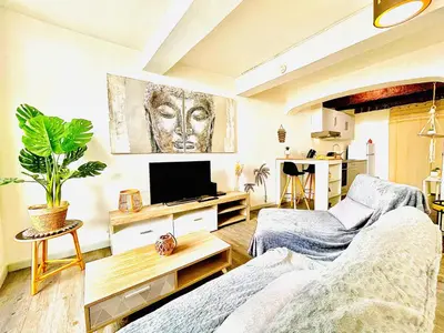 a living room with a bed and a tv in it at *Le Sahara*Hyper Centre*Wifi* in Salon-de-Provence