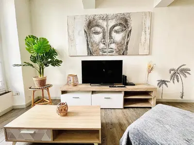 a living room with a tv and a bed at *Le Sahara*Hyper Centre*Wifi* in Salon-de-Provence