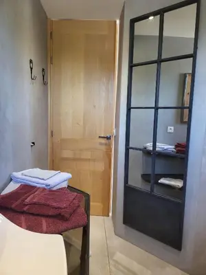a bathroom with a shower and a door with towels at Appartement standing bord Sorgue in LʼIsle-sur-la-Sorgue