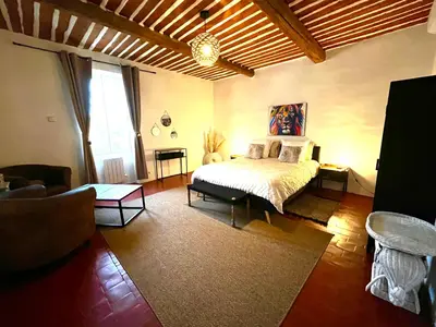 a bedroom with a bed and a chair in it at Le Mas d’Aloha in Plan-dʼOrgon