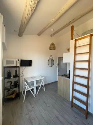 a living room with a table and a kitchen at Beau studio au cœur d’Aix et du Cours Mirabeau in Aix-en-Provence
