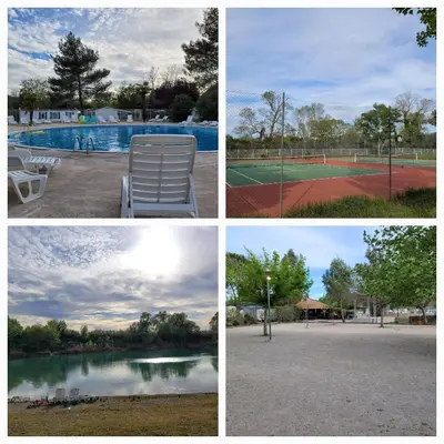 four different pictures of a tennis court and a tennis court at Chez Coralie in La Roque-dʼAnthéron