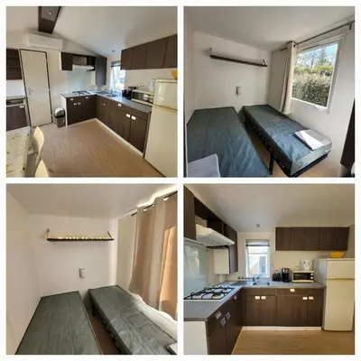 a collage of four pictures of a small kitchen at Chez Coralie in La Roque-dʼAnthéron