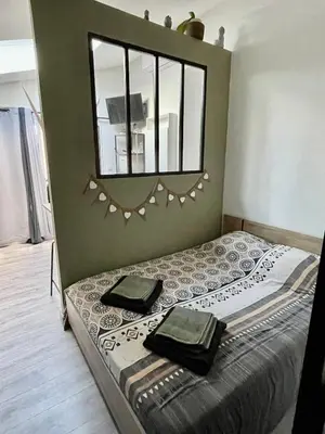 a bedroom with a bed with a mirror above it at Studio climatisé et tout équipé in Saint-Didier