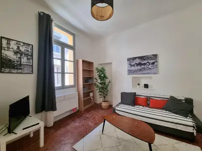 a living room with a couch and a tv at Studio centre historique 1 in Aix-en-Provence