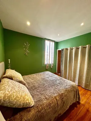 a green bedroom with a bed and a window at UN MOMENT SUSPENDU in Aix-en-Provence