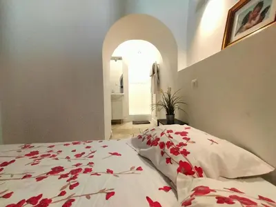 a bedroom with a bed with red flowers on it at CORDELIERS MAIRIE in Aix-en-Provence