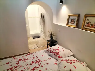 a bedroom with a bed with red flowers on it at CORDELIERS MAIRIE in Aix-en-Provence